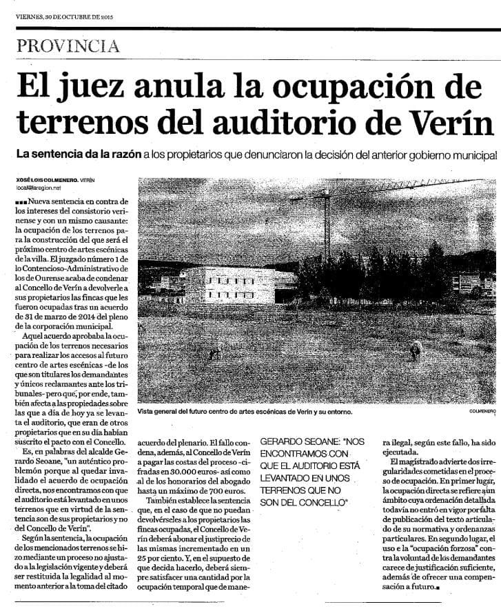 Anulación de la ocupación de terrenos para auditorio de Verín