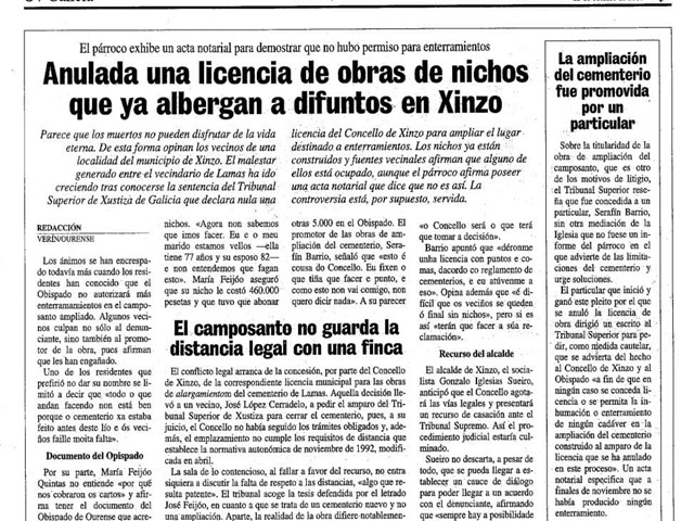 Anulada una licencia de obras de nichos que ya albergan a difuntos en Xinzo