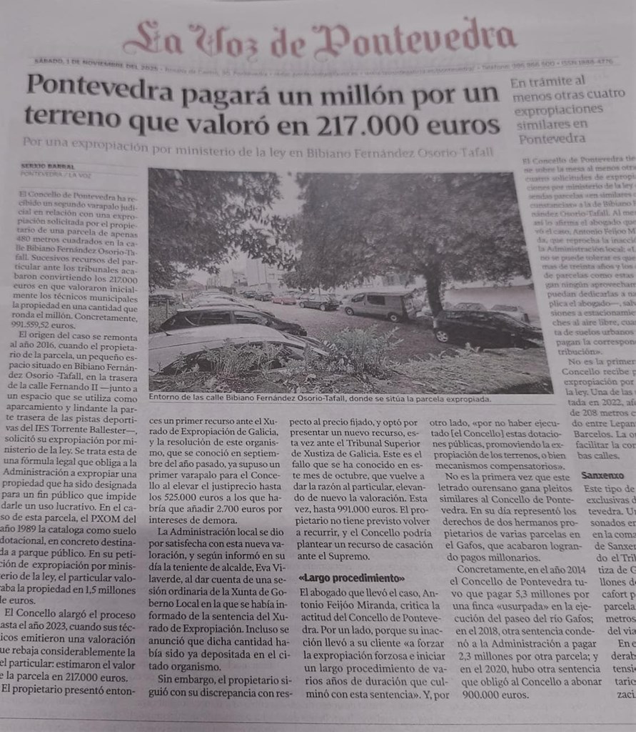 CONDENA AL AYUNTAMIENTO DE PONTEVEDRA AL PAGO DE UN JUSTIPRECIO  DE CASI UN MILLON DE EUROS