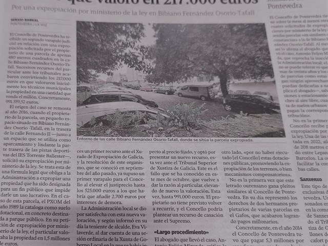 CONDENA AL AYUNTAMIENTO DE PONTEVEDRA AL PAGO DE UN JUSTIPRECIO  DE CASI UN MILLON DE EUROS