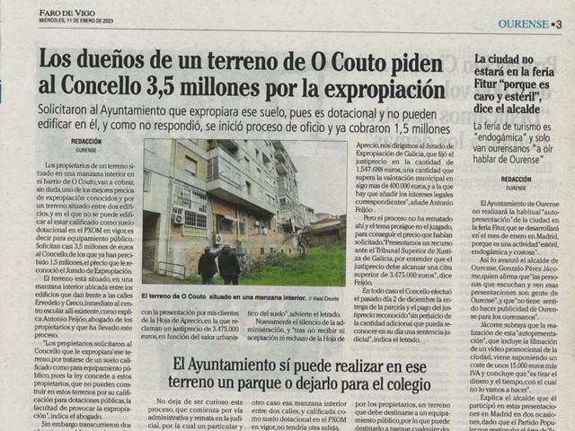 Los dueños de un terreno de O Couto piden al Concello 3,5 millones por la expropiación